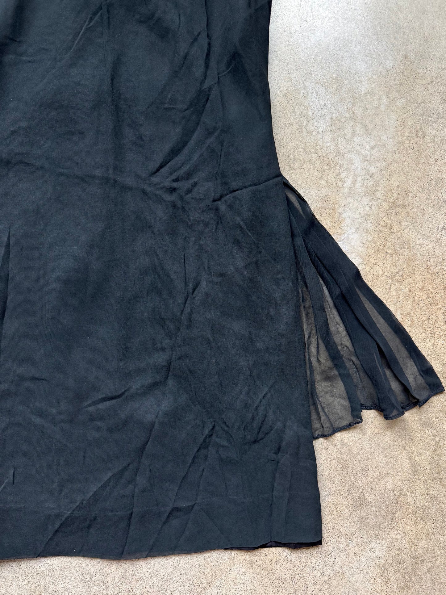Vintage 1960s R&K Originals Black Sheer High-Neck Pleated Bow-Back Formal Sheath Dress | S/M