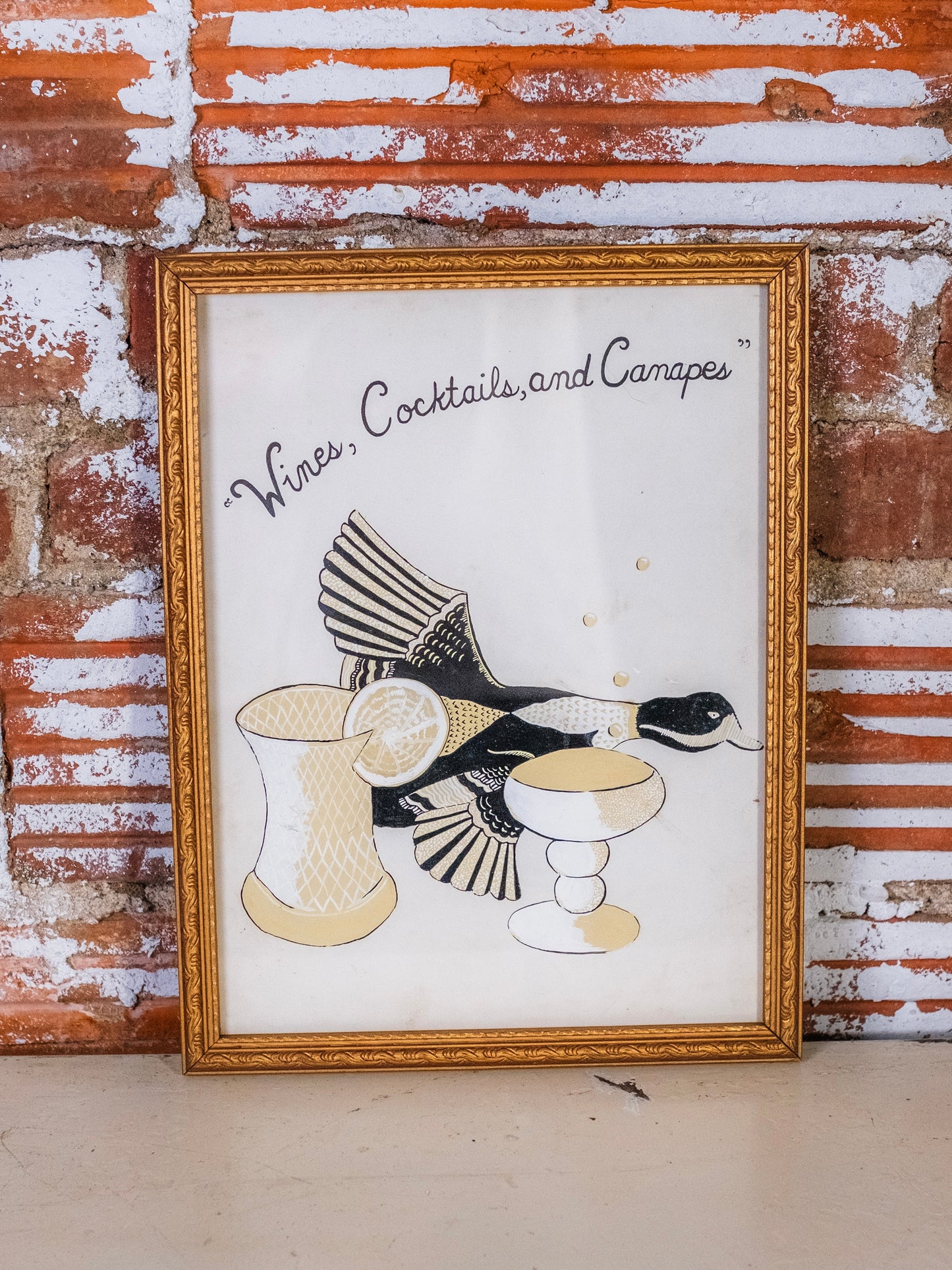 Vintage Framed “Wines, Cocktails, and Canapés” Illustration Artwork