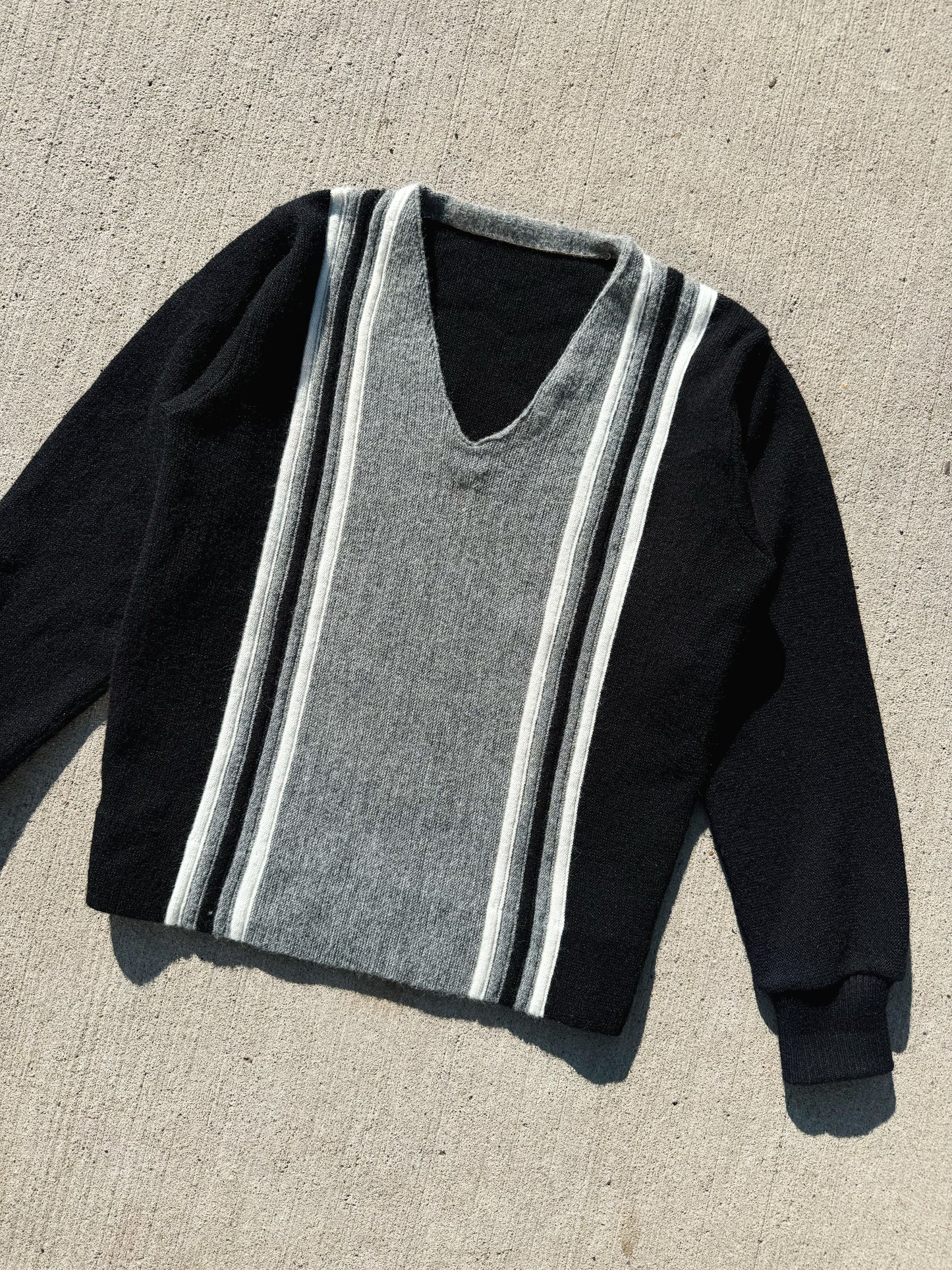 Vintage 1960s Black & Grey Striped V-Neck Wool Sweater | S/M