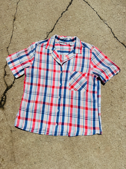Vintage 1980s Shirtstop Multi-Color Plaid Short Sleeve Blouse | M/L