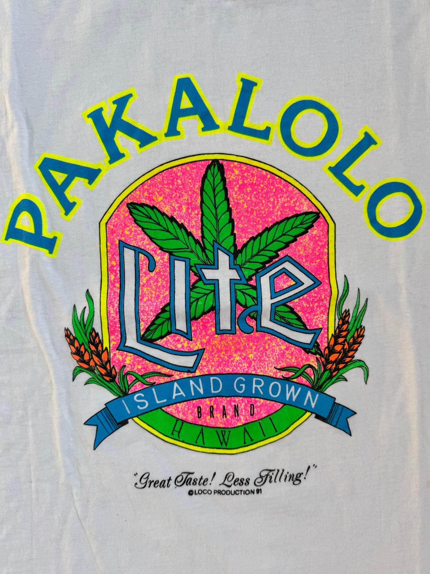 Vintage 1991 Pakalolo Lite Hawaii White Cotton Graphic Tee | Large