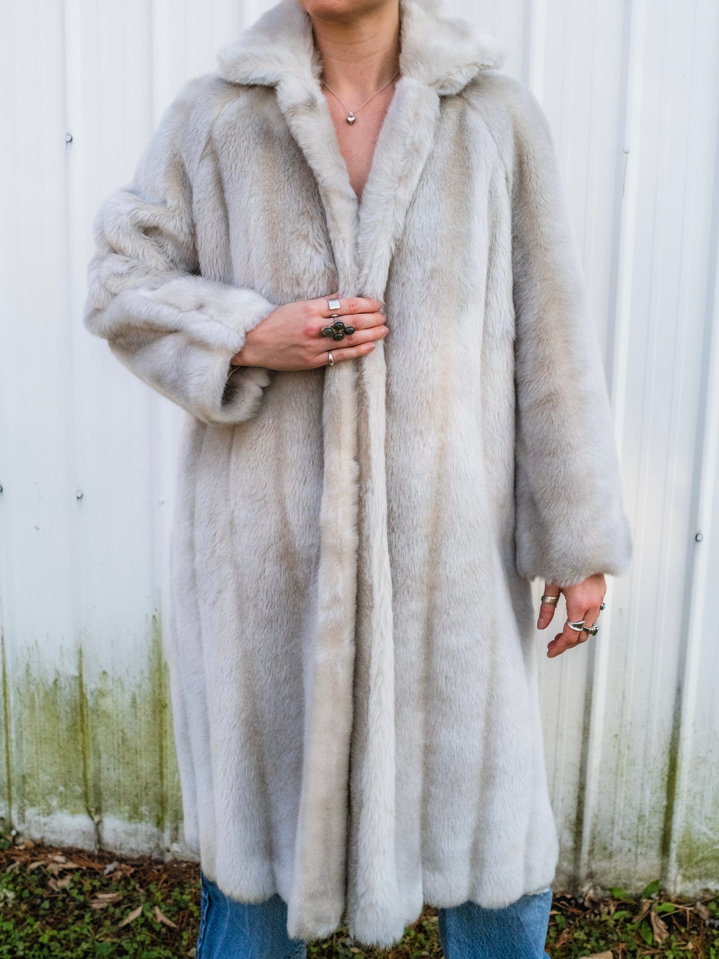 Vintage 1960s Grey-White Faux Fur Overcoat | Medium