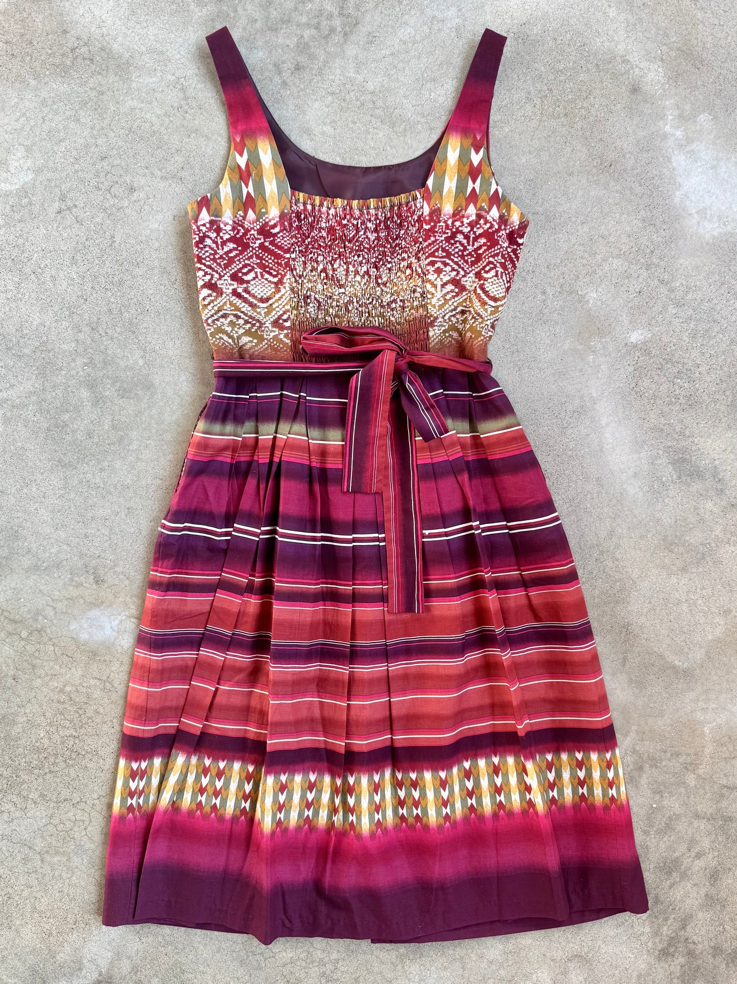 2000s K Studio Southwestern Tie-Waist Pleated Cotton Dress | M/L