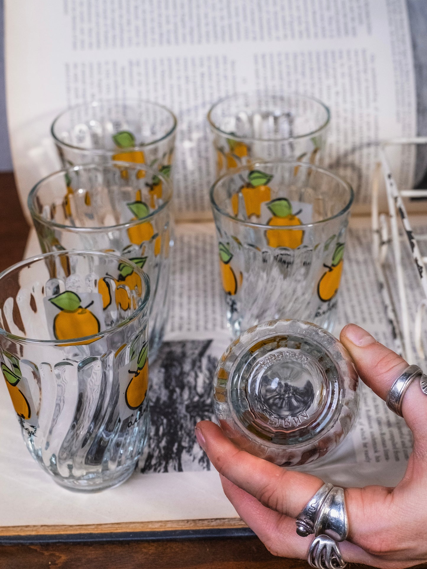Vintage 1970s Firna Indonesia “Orange” Juice Glasses w/ Caddy | Set of 6