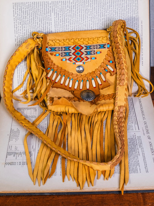 Vintage 1980s Handmade Native American Beaded Deerskin Fringe Satchel Bag