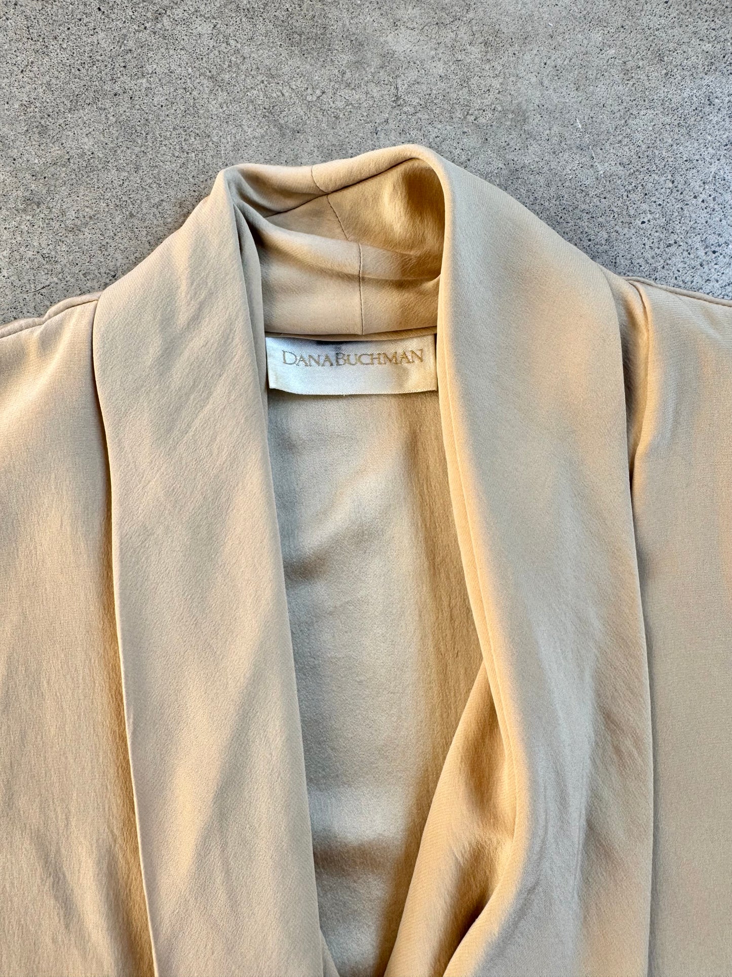 Vintage 1980s/90s Dana Buchman Beige Silk Draped V-Neck Blouse | Medium