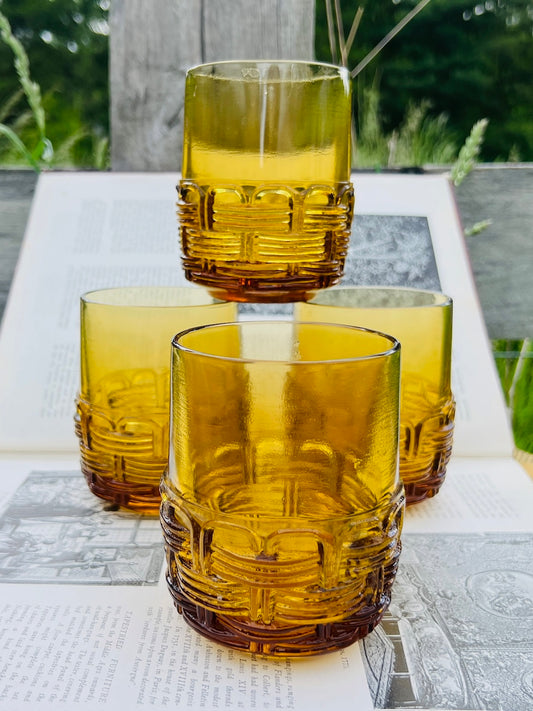 Vintage 1960s Wicker Basket Weave Amber Glass Tumblers | Set of 4