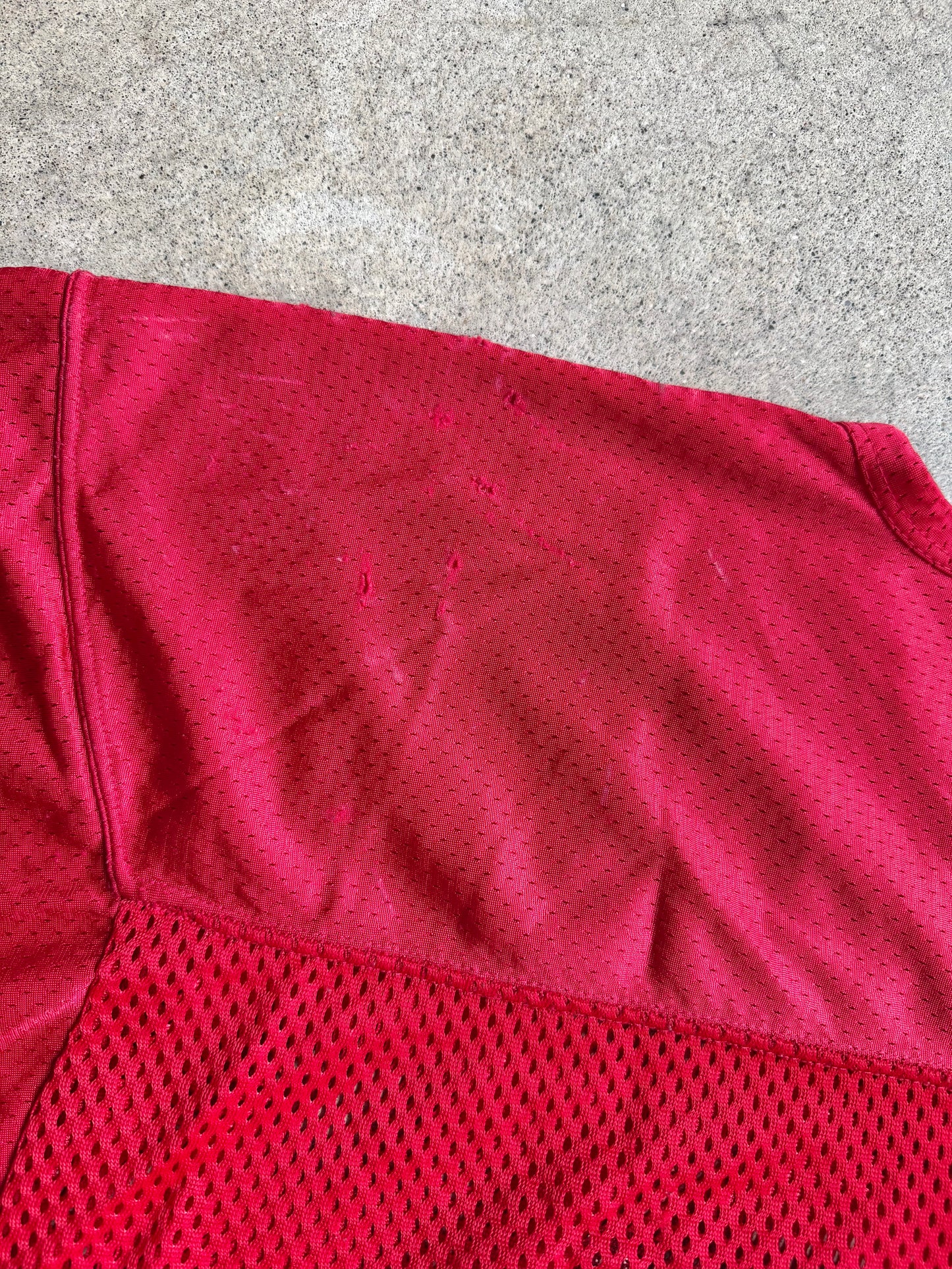 Vintage 1980s Fab-Knit Red Mesh #67 Cropped Football Jersey | Large