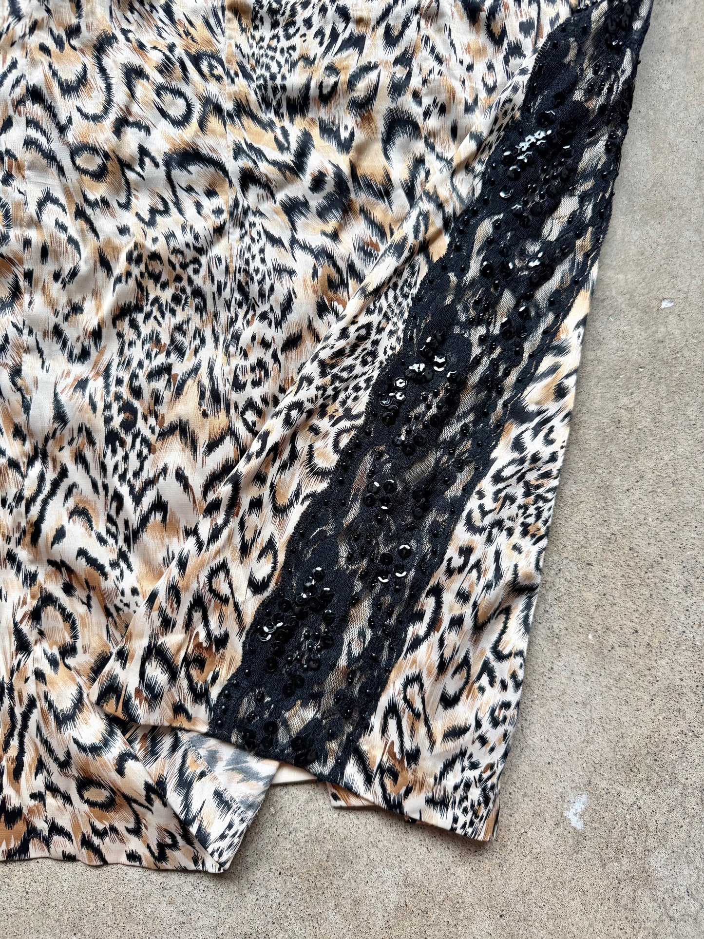 Vintage 1990s Dolce Jovani Leopard Print Satin Beaded Lace Trim Cocktail Dress | Small