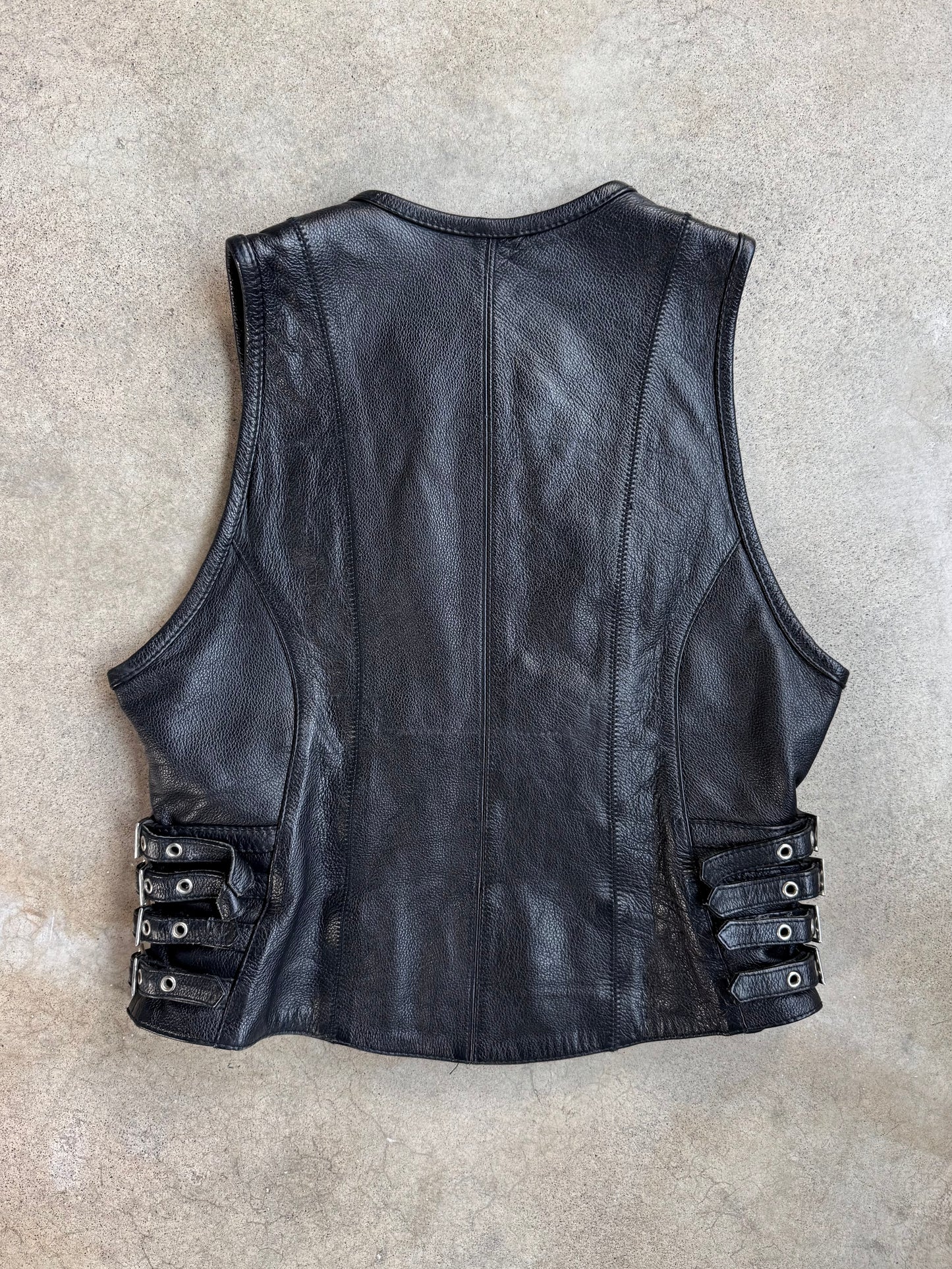 Vintage 1990s Moto Guzzi Patch Black Leather Zip-Up Biker Vest | Medium