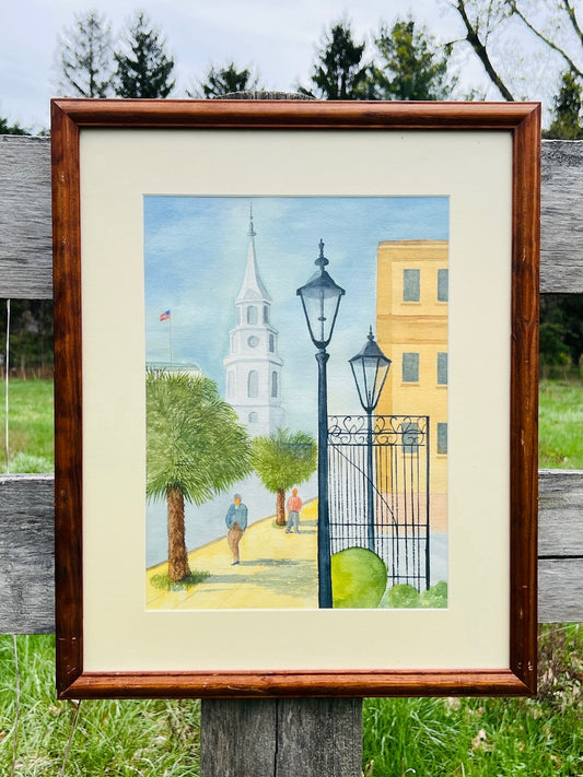 Vintage 1970s Framed Charleston Street Scene Watercolor
