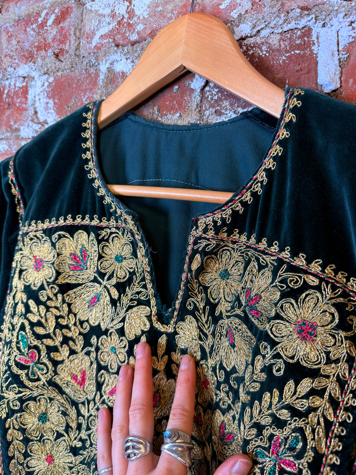 Vintage 1960s Handmade Green Velvet Flower Embroidered Kaftan