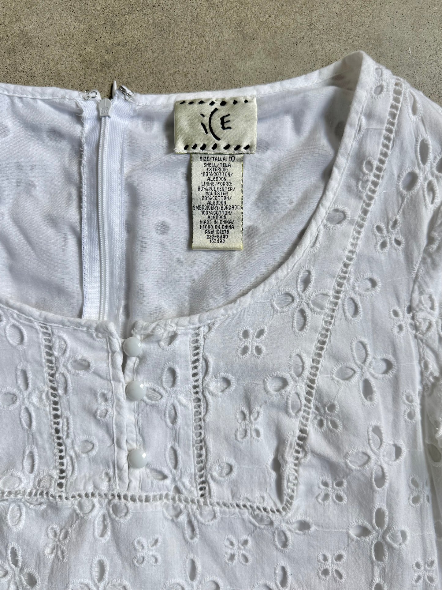 Vintage 1990s ICE White Floral Eyelet Cotton Mini Dress | Medium