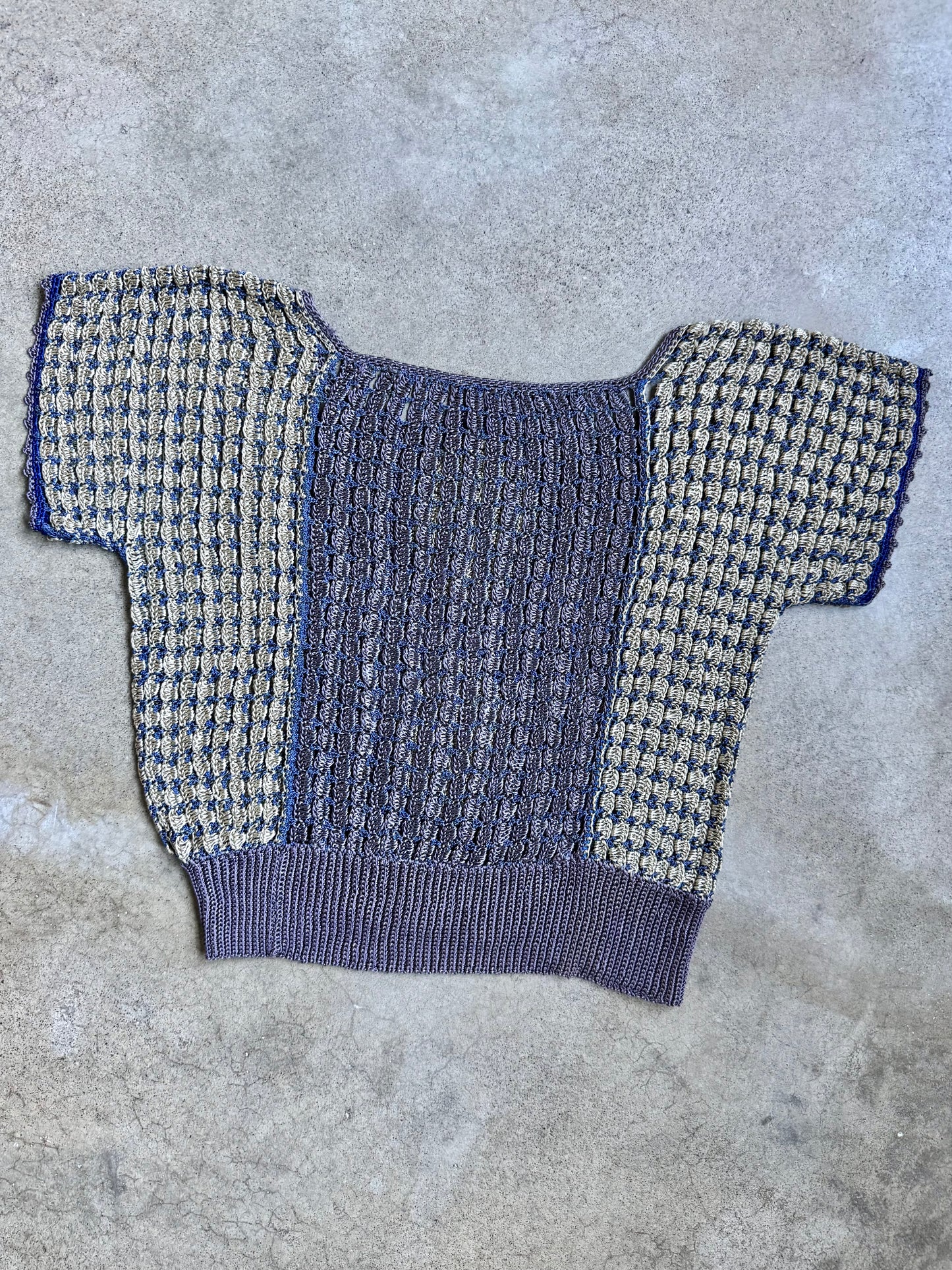 Vintage 1920s-Style Purple & Blue Crochet Beaded Short Sleeve Top | Medium