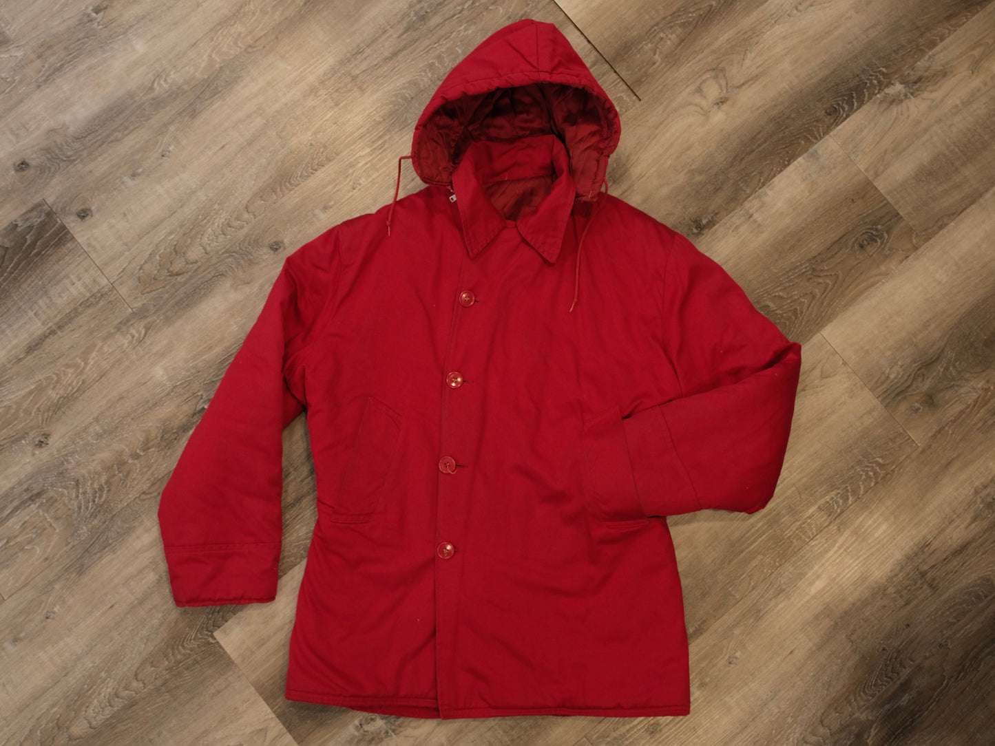 Vintage Red Insulated Canvas Hooded Coat | Medium