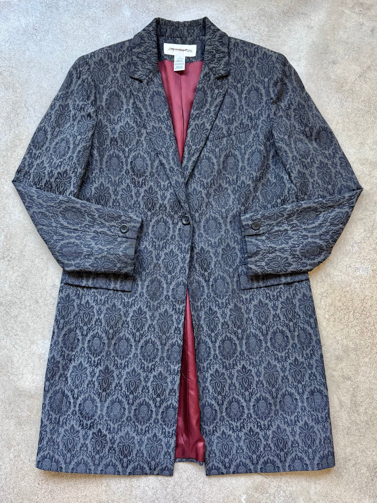 Vintage 1990s Jones New York Grey Brocade Jacquard Overcoat | Large