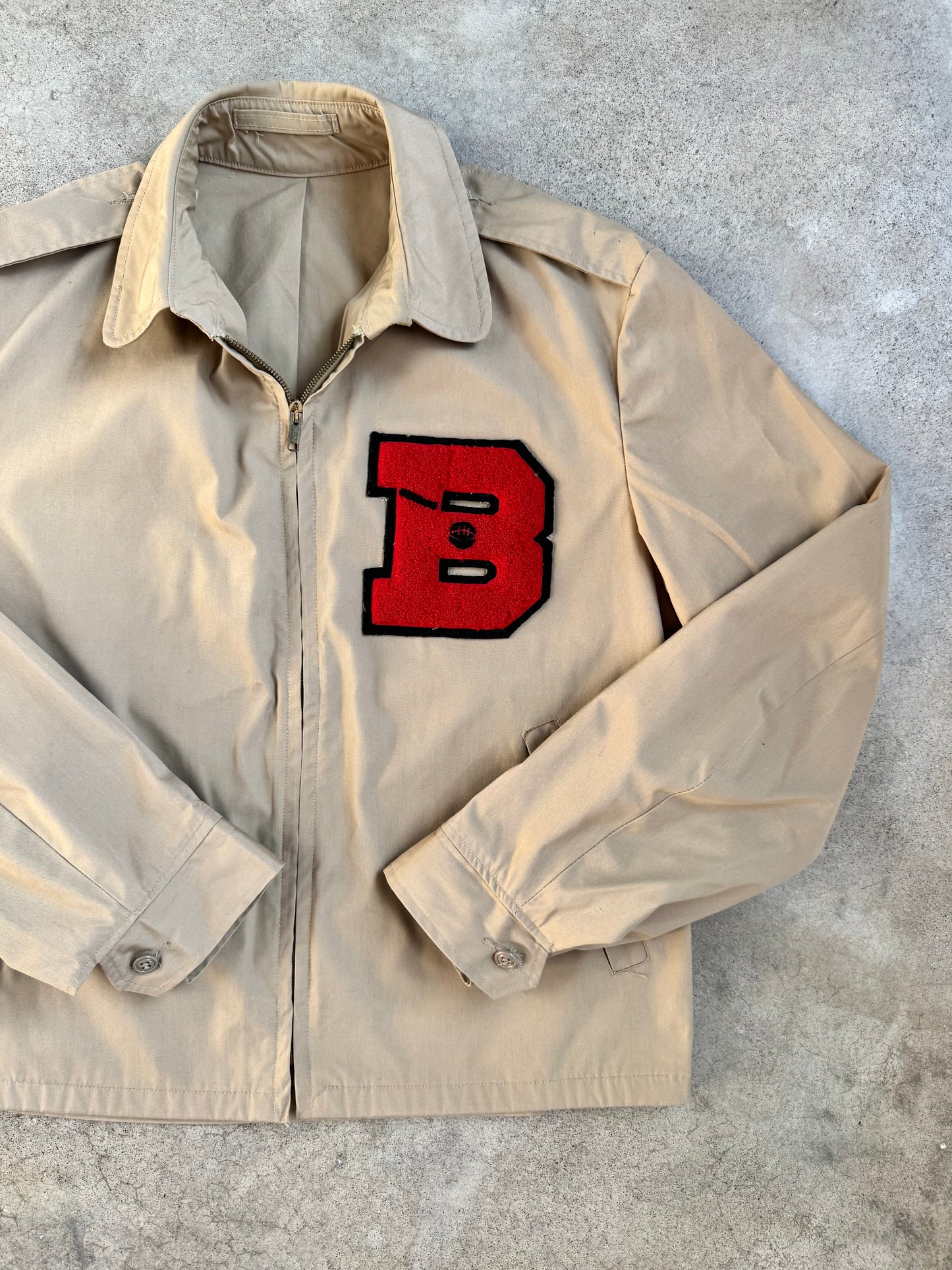 Vintage 1970s Creighton U.S. Navy Tan Zip-Up Windbreaker Jacket w/ Letterman Patch | Medium