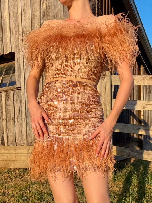 Antonio Melani Rose Gold Sequined Feather Cocktail Dress | Small