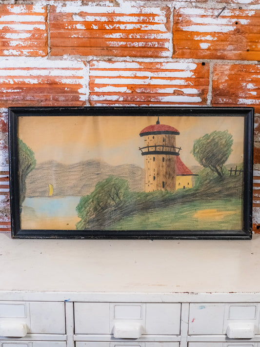 Vintage 1930s Framed Lighthouse Tower Oil Pastel Drawing