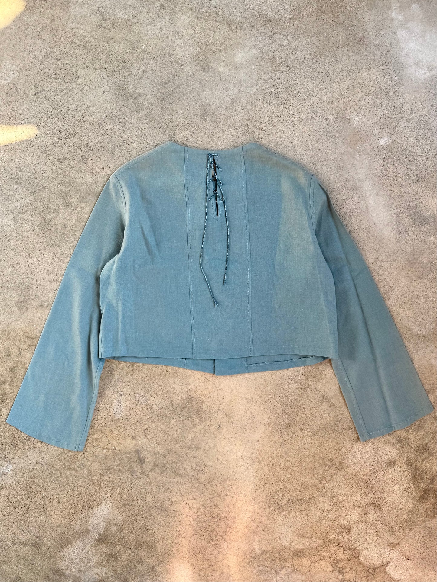 Vintage 1930s Handmade Blue Wool-Blend Zig-Zag Button Long Sleeve Top | S/M