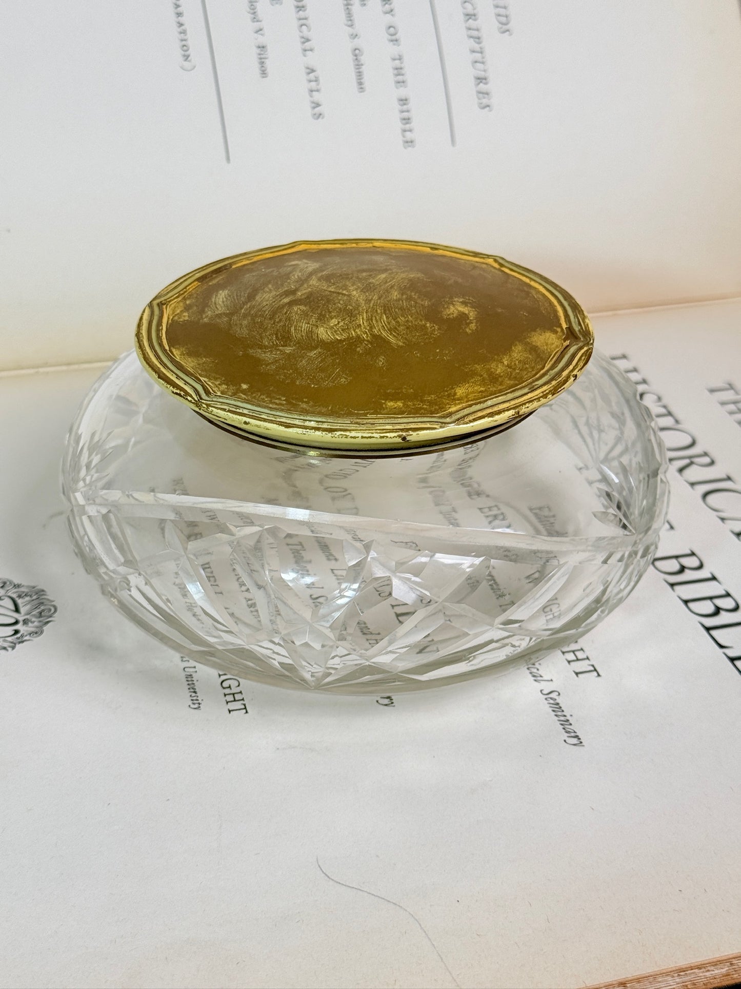 Antique 1920s Cut Crystal & Brass Lid Vanity Jar