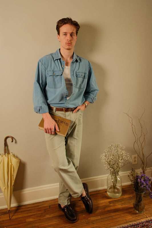 Vintage 1990s Lee Riders Faded Sage Khaki Trousers | Waist 33”