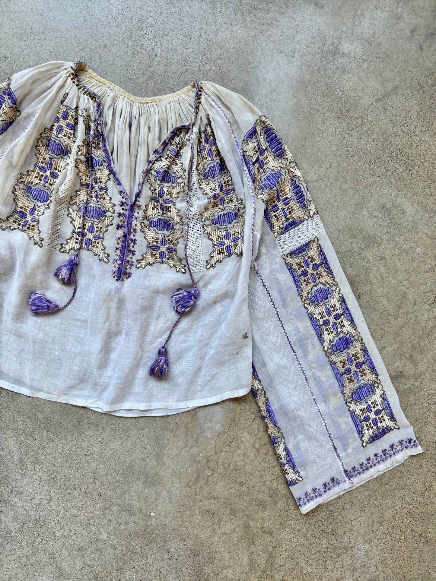 Vintage Romanian Folk Embroidered Gauze Peasant Blouse | Small