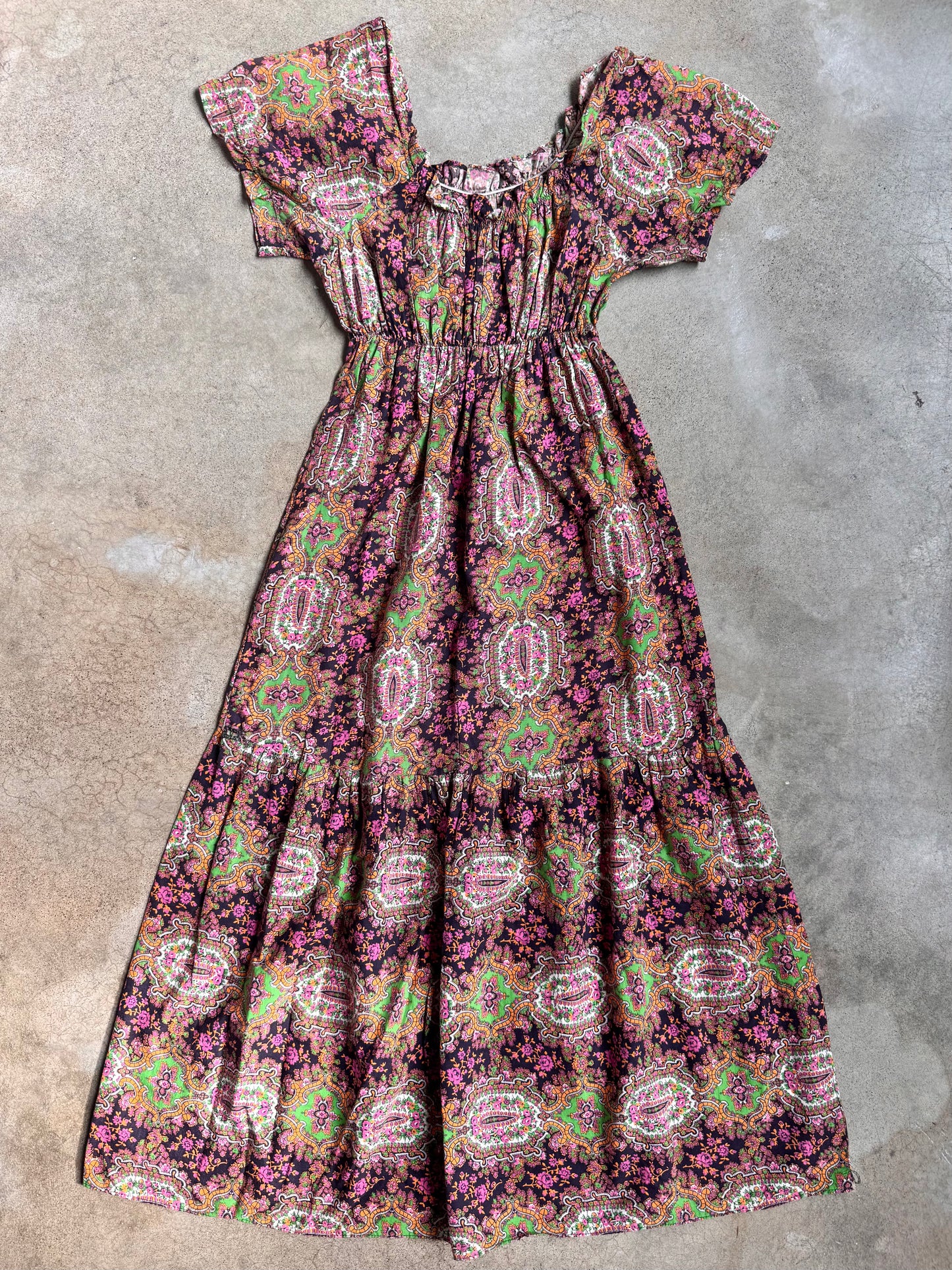 Vintage 1960s Orbit Ladybird Psychedelic Floral Off-Shoulder Maxi Dress | Medium