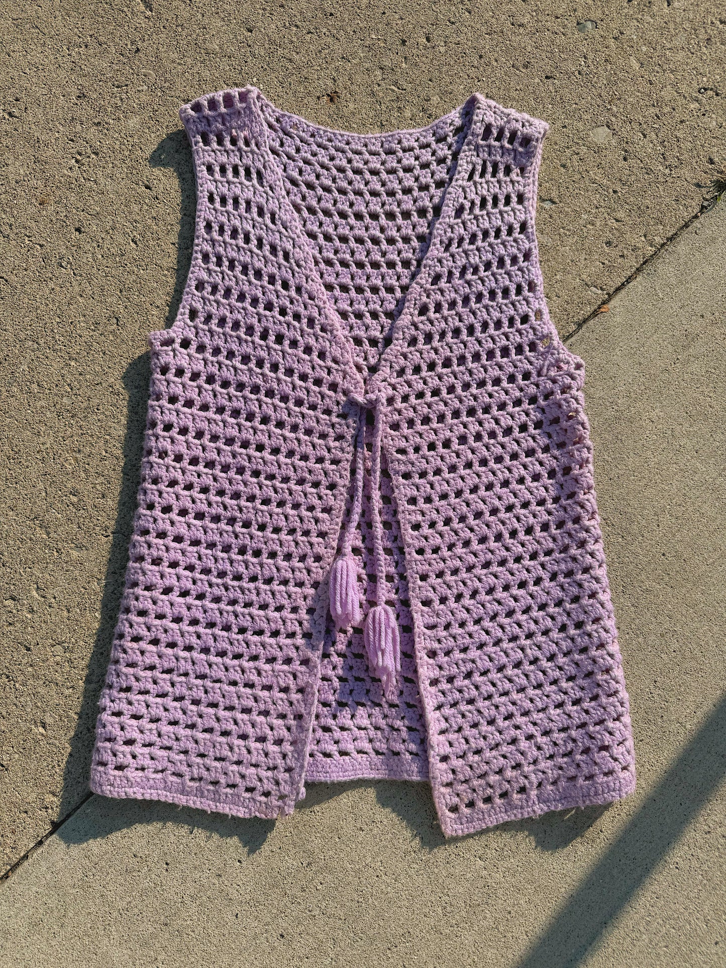 Vintage 1970s Handmade Purple Tassel Tie Crochet Vest