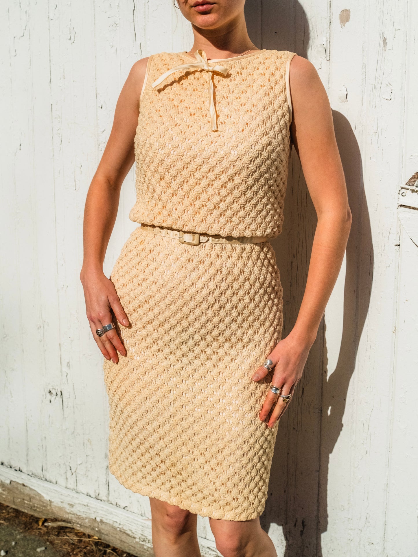 Vintage 1960s Tracy Petites Cream Crochet Belted Wiggle Dress | XS