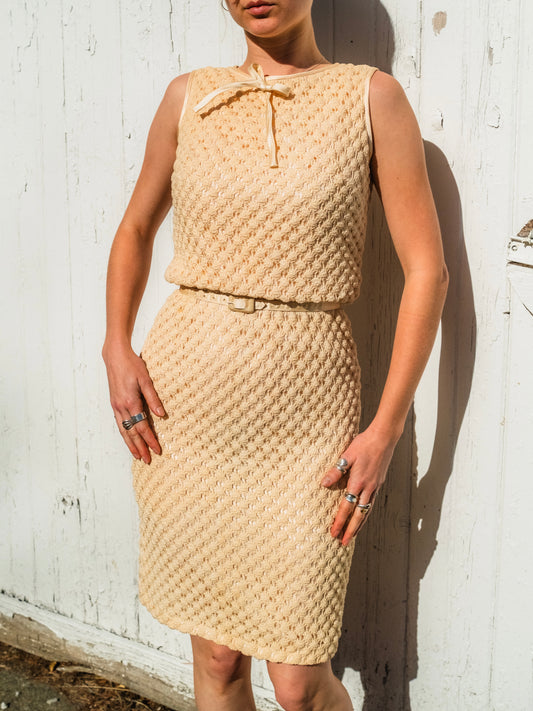 Vintage 1960s Tracy Petites Cream Crochet Belted Wiggle Dress | XS