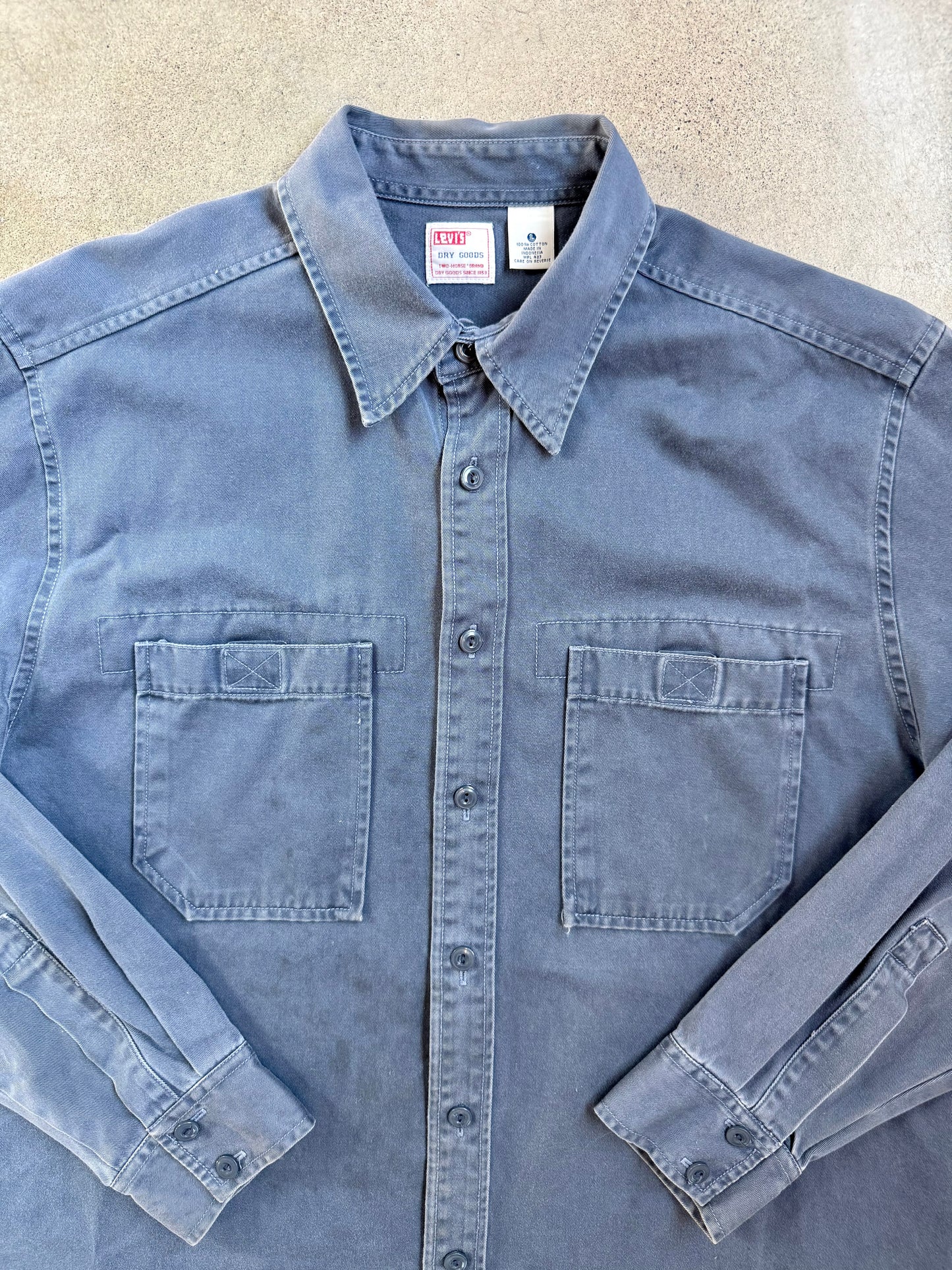Vintage 1990s Levi’s Dry Goods Muted Blue Cotton Twill Work Shirt | Large