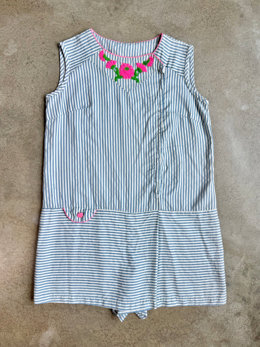 Vintage Leisure Lady Floral Embroidered Striped Romper | XL