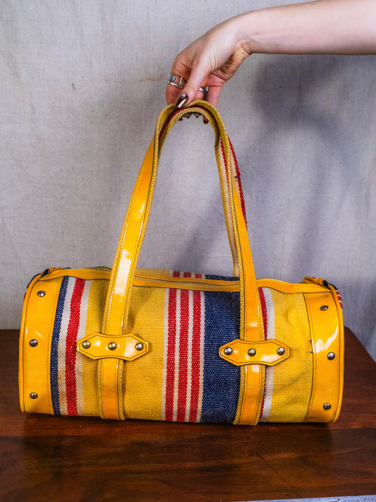 Vintage 1960s/70s Yellow & Red Striped Woven Duffel Bag