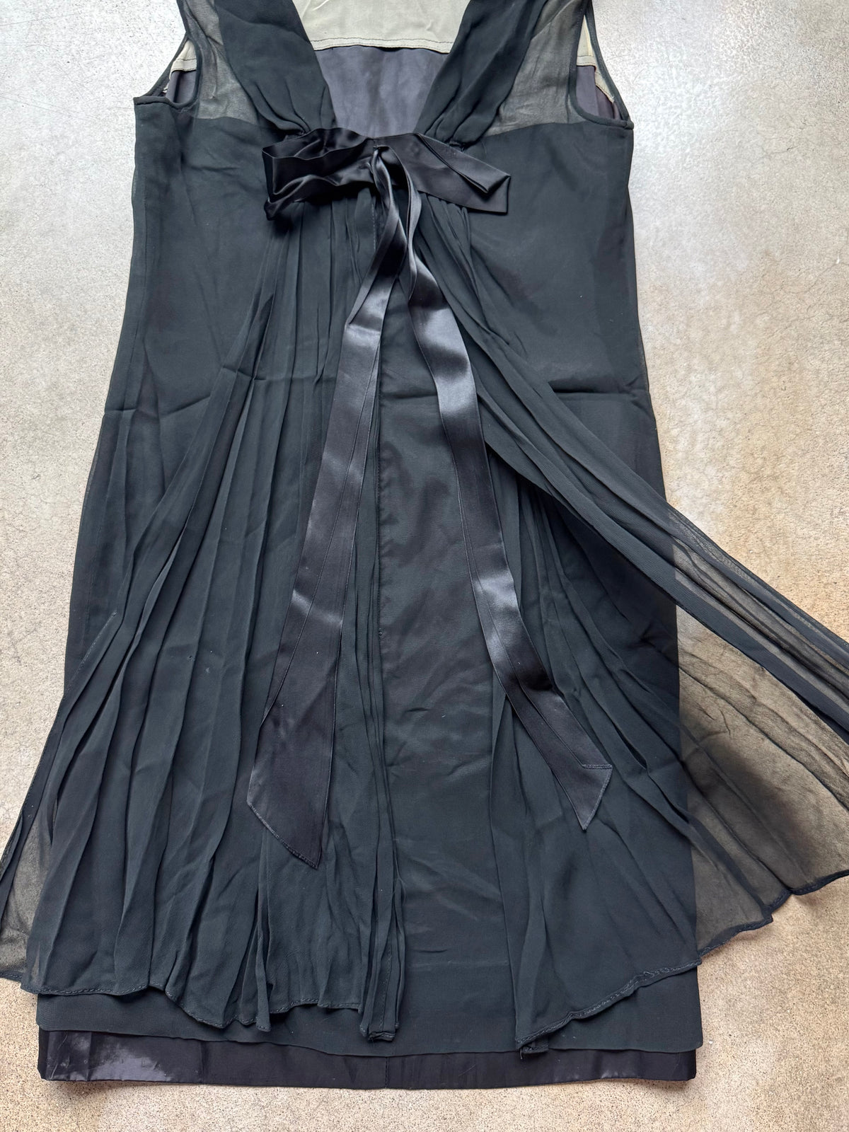 Vintage 1960s R&K Originals Black Sheer High-Neck Pleated Bow-Back Formal Sheath Dress | S/M