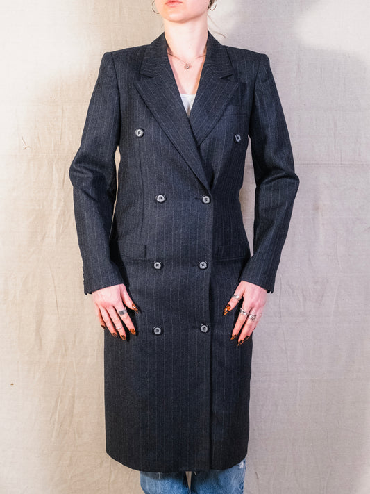 Vintage 1980s Peabody House Grey Pinstripe Wool Double-Breasted Coat | XS/S