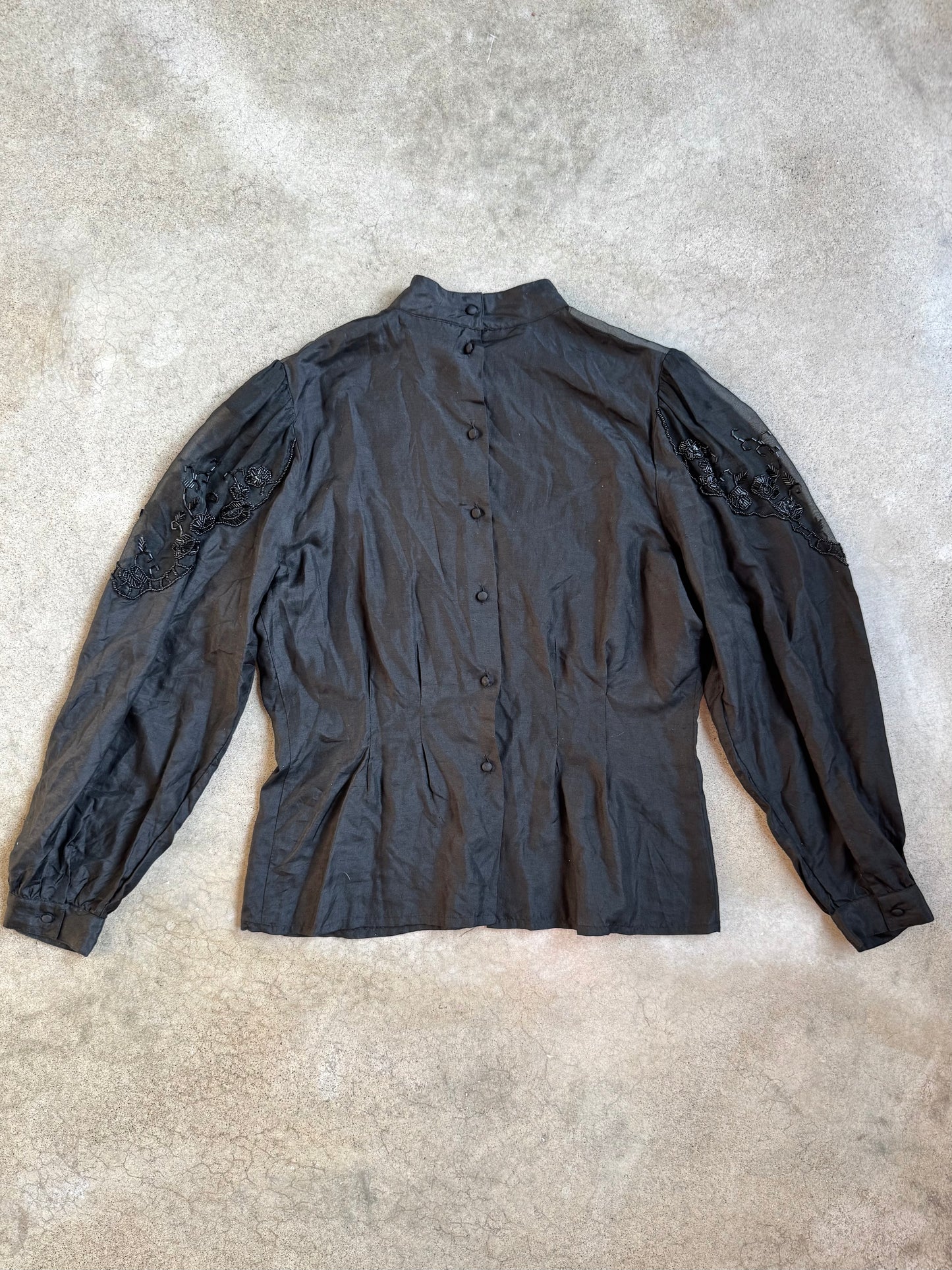 Vintage 1980s Nancy Johnson for Prisma Black Beaded 100% Silk Blouse | Medium