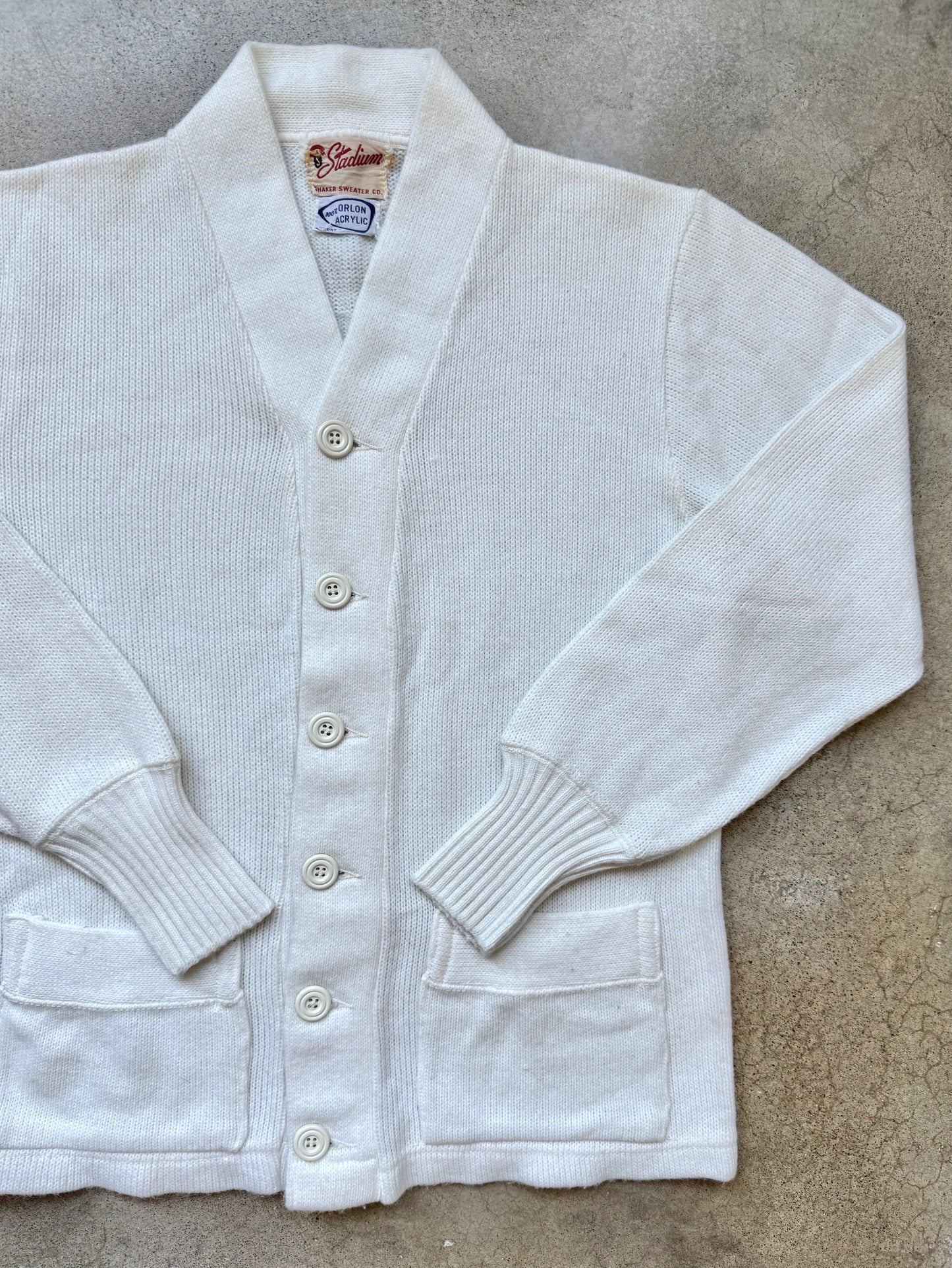 Vintage 1950s/60s Stadium by Shaker Sweater Co. White Acrylic Cardigan | Medium