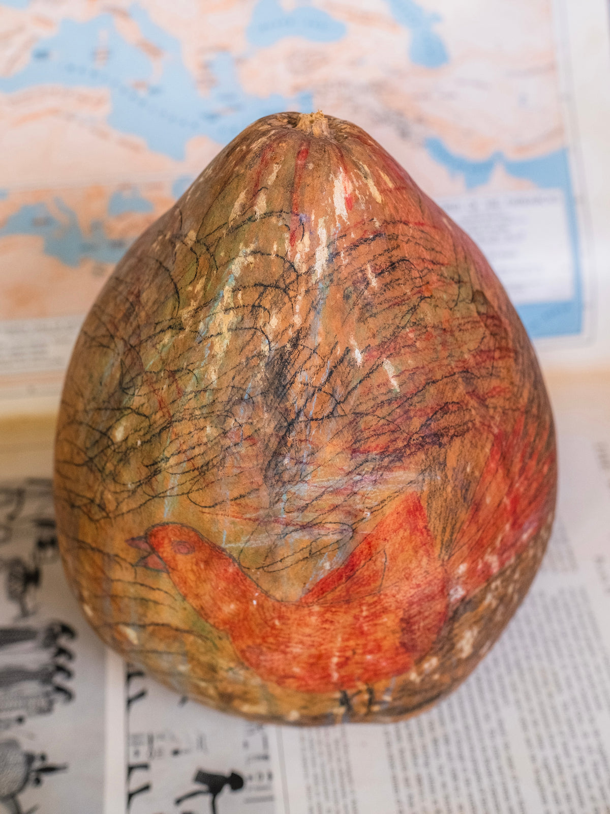 Vintage Folk Art Bird Drawing Decorative Gourd