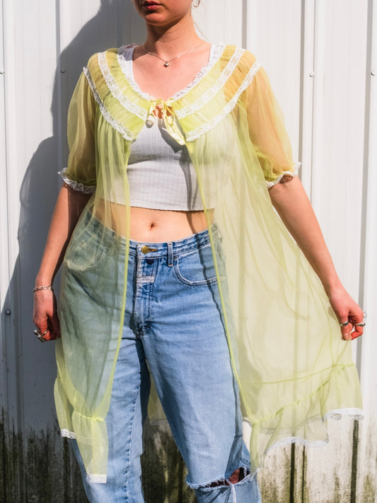 Vintage 1960s Green & White Lace Sheer Nylon House Coat | Medium