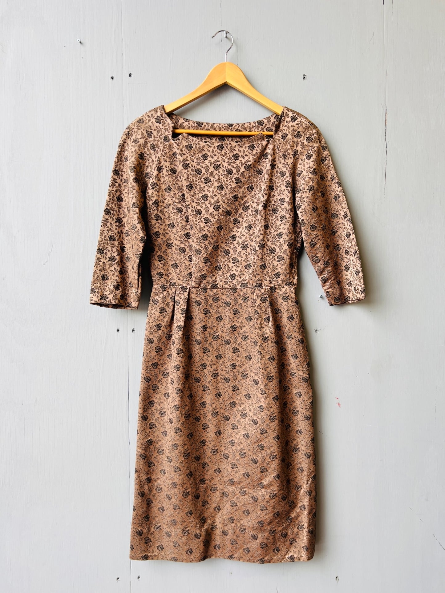 Vintage 1950’s Handmade Brown & Black Floral Scoop Neck Dress