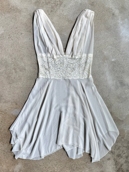 Vintage 1990s Victoria's Secret White Sheer Lace Panel Slip Dress | Medium