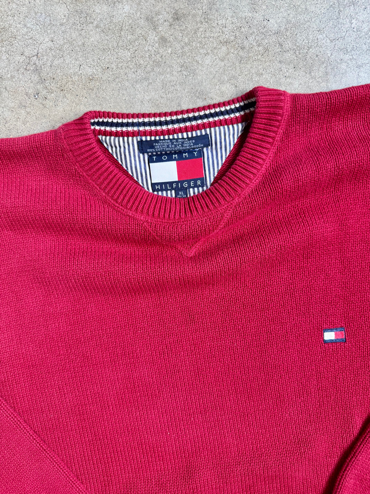 Vintage 1990s Tommy Hilfiger Red Cotton Crewneck Sweater | XL