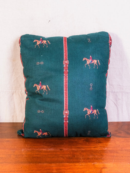 Vintage Handmade Green Equestrian Pattern Throw Pillow