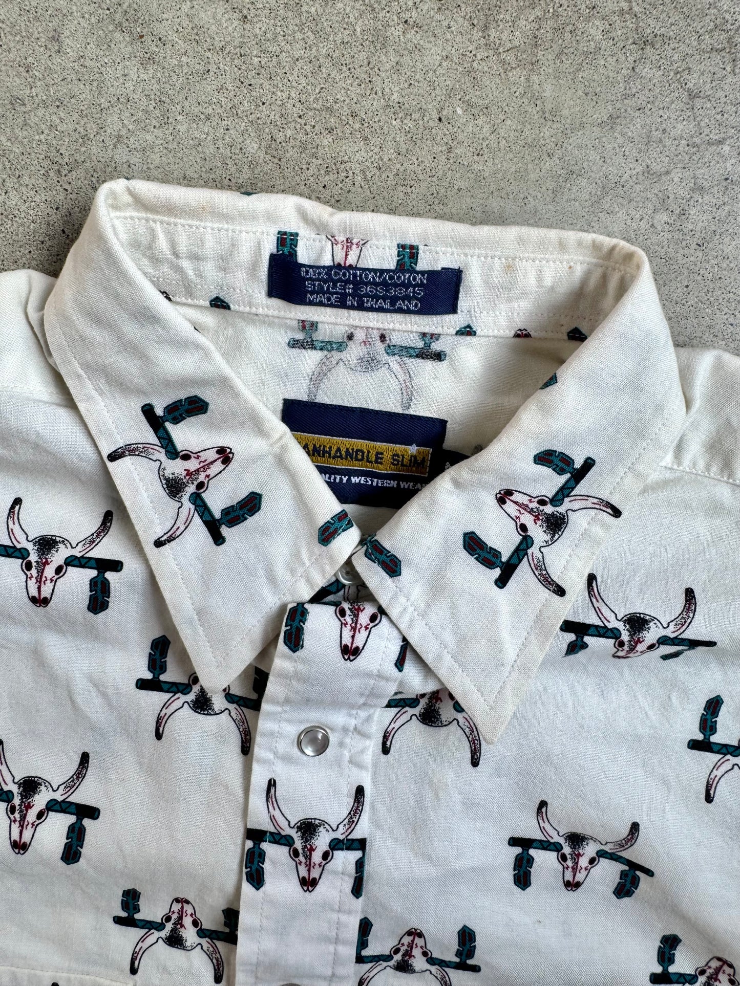 Vintage 1980s Panhandle Slim Western Bull Skull Pearl Snap Shirt | Medium