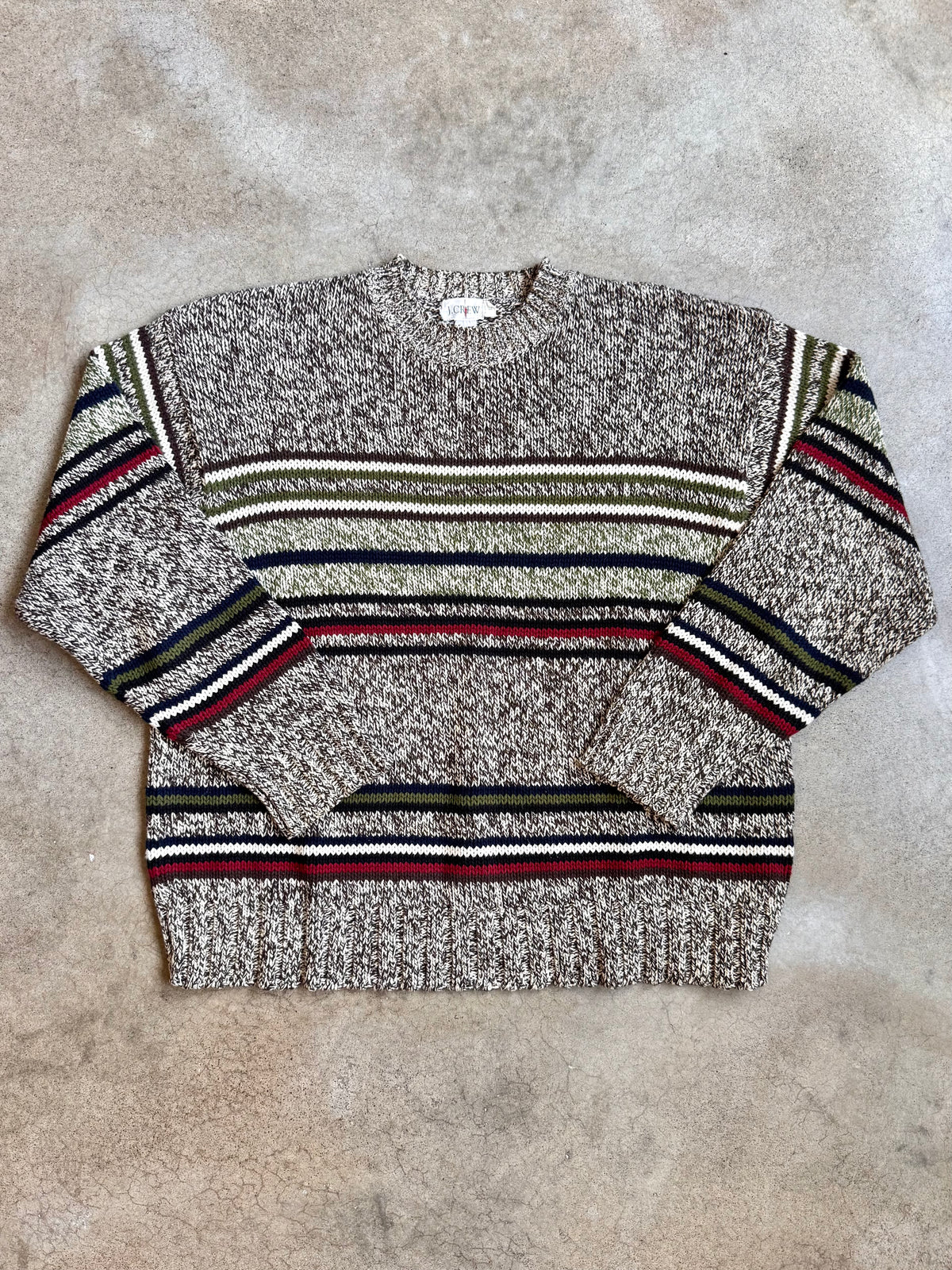 Vintage 1990s J. Crew Multi-Stripe Marled Cotton Knit Sweater | Large
