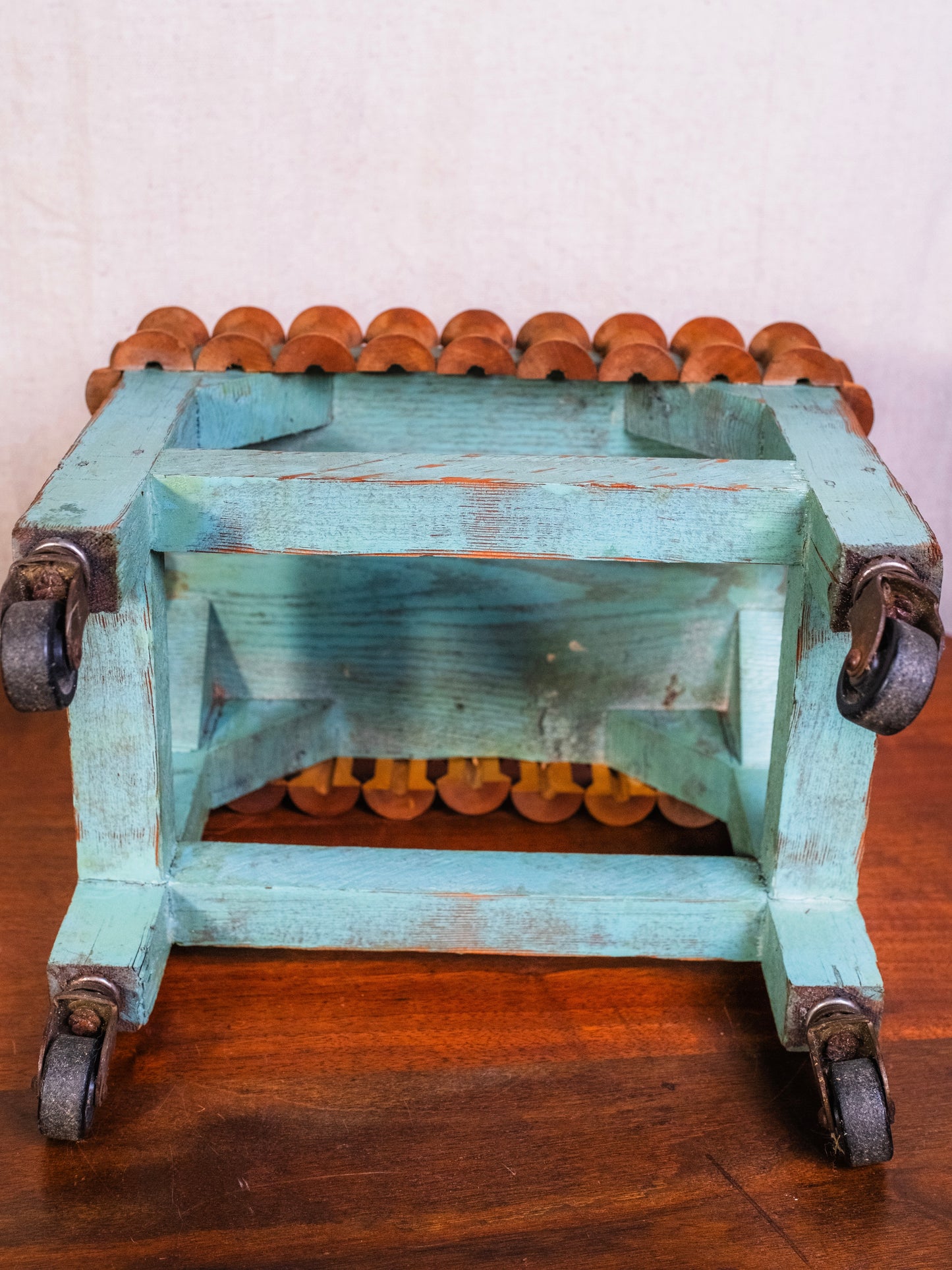 Vintage Handmade Teal Sewing Thread Spool Footstool w/ Wheels