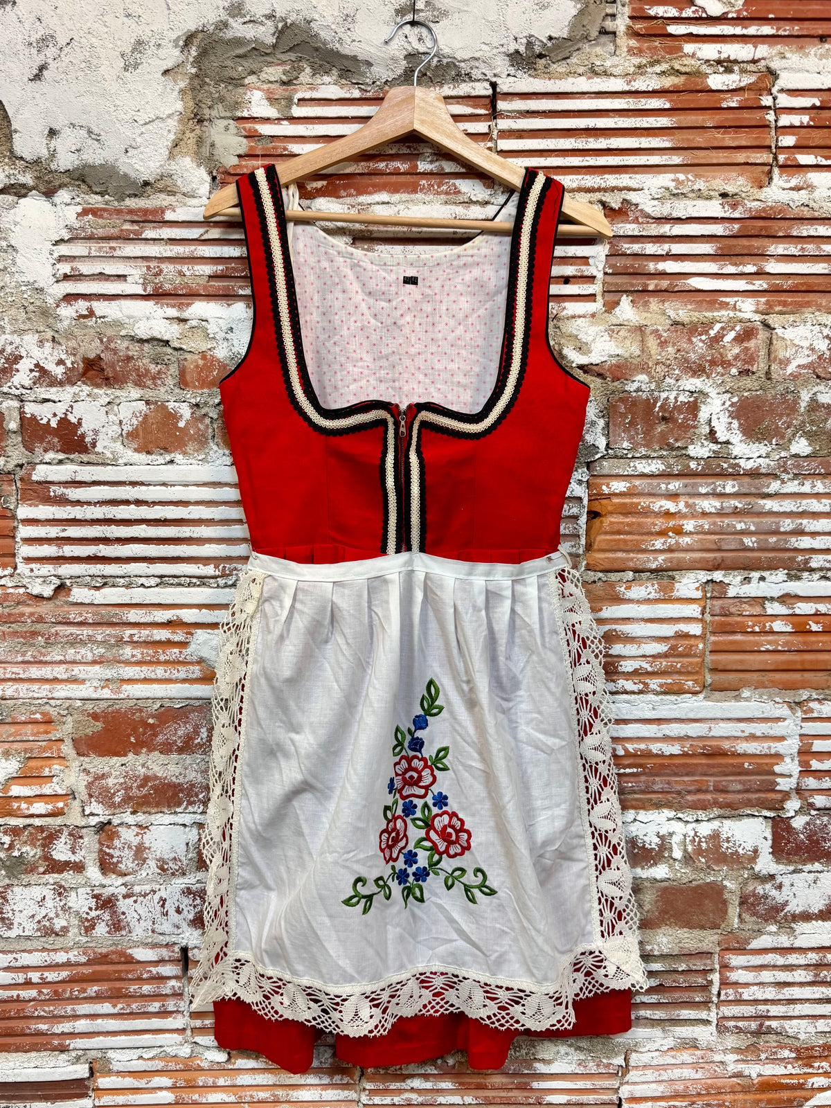 Vintage 1970s Red Traditional Alpine Folk Dirndl Dress | Medium