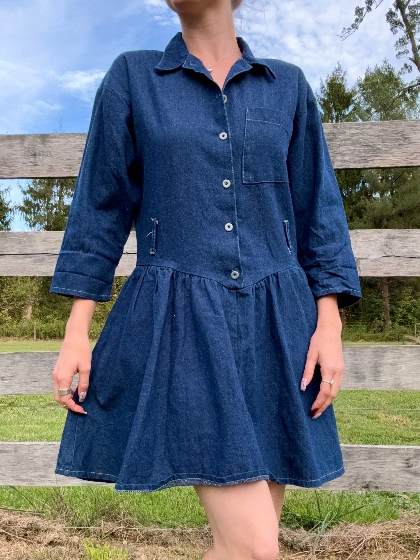 Vintage 1980s Timely Trends Button-Front Denim Drop-Waist Shirt Dress | Medium