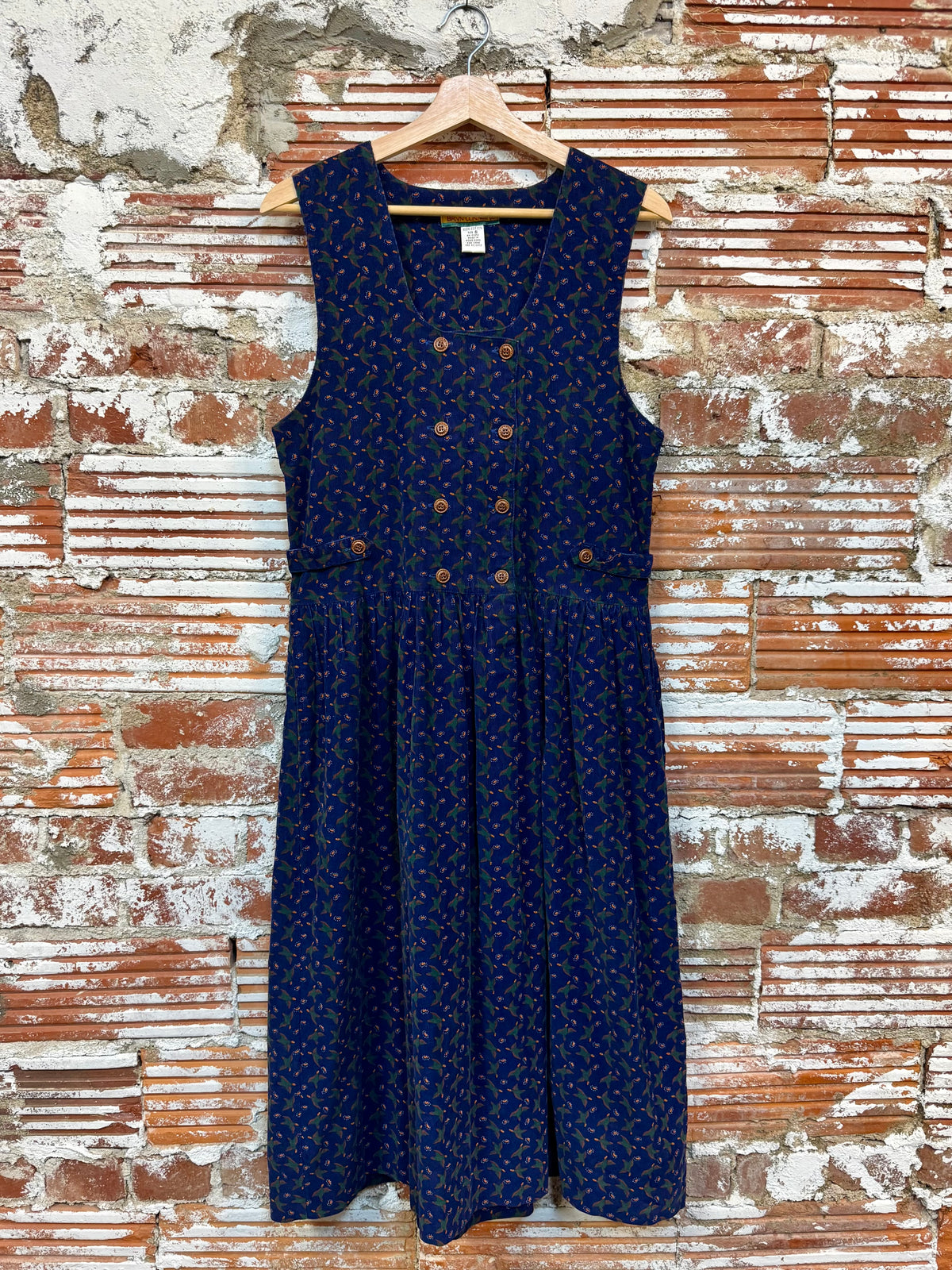 Vintage 1980s/90s Bryn Connelly Navy Duck Pattern Corduroy Pinafore Dress | Medium